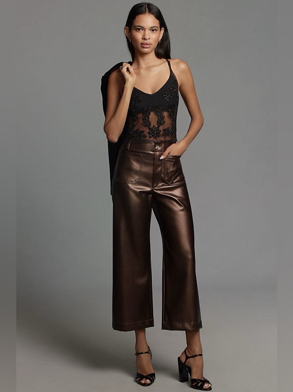 Anthropologie Maeve Colette Cropped Wide-Leg Faux Leather Pants Sz 29